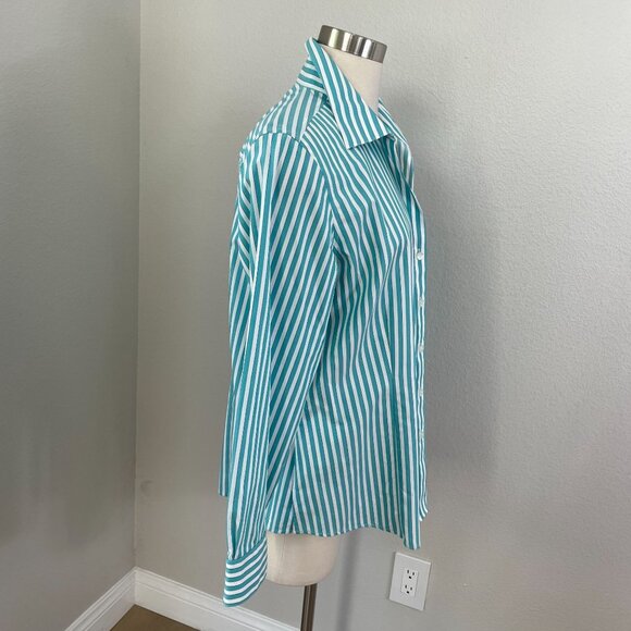 Foxcroft Womens XL Wrinkle Free Turquoise White Striped Button Up Shirt Blouse - Picture 3 of 10